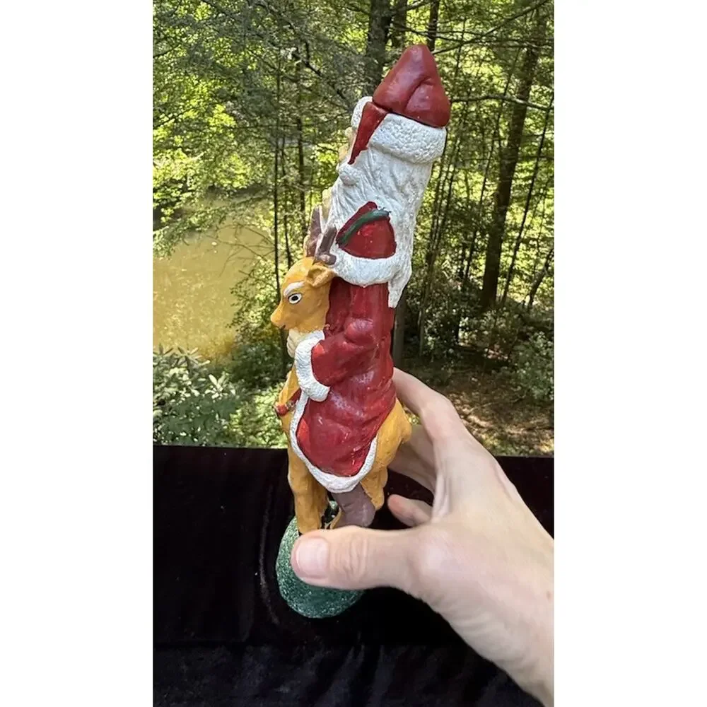 Vintage Old World Pencil Santa Candlestick Riding Reindeer Candleholder -C36